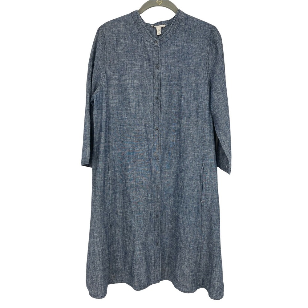 Eileen Fisher Blue Hemp Organic Cotton Button Front Dress Size Medium Luxury